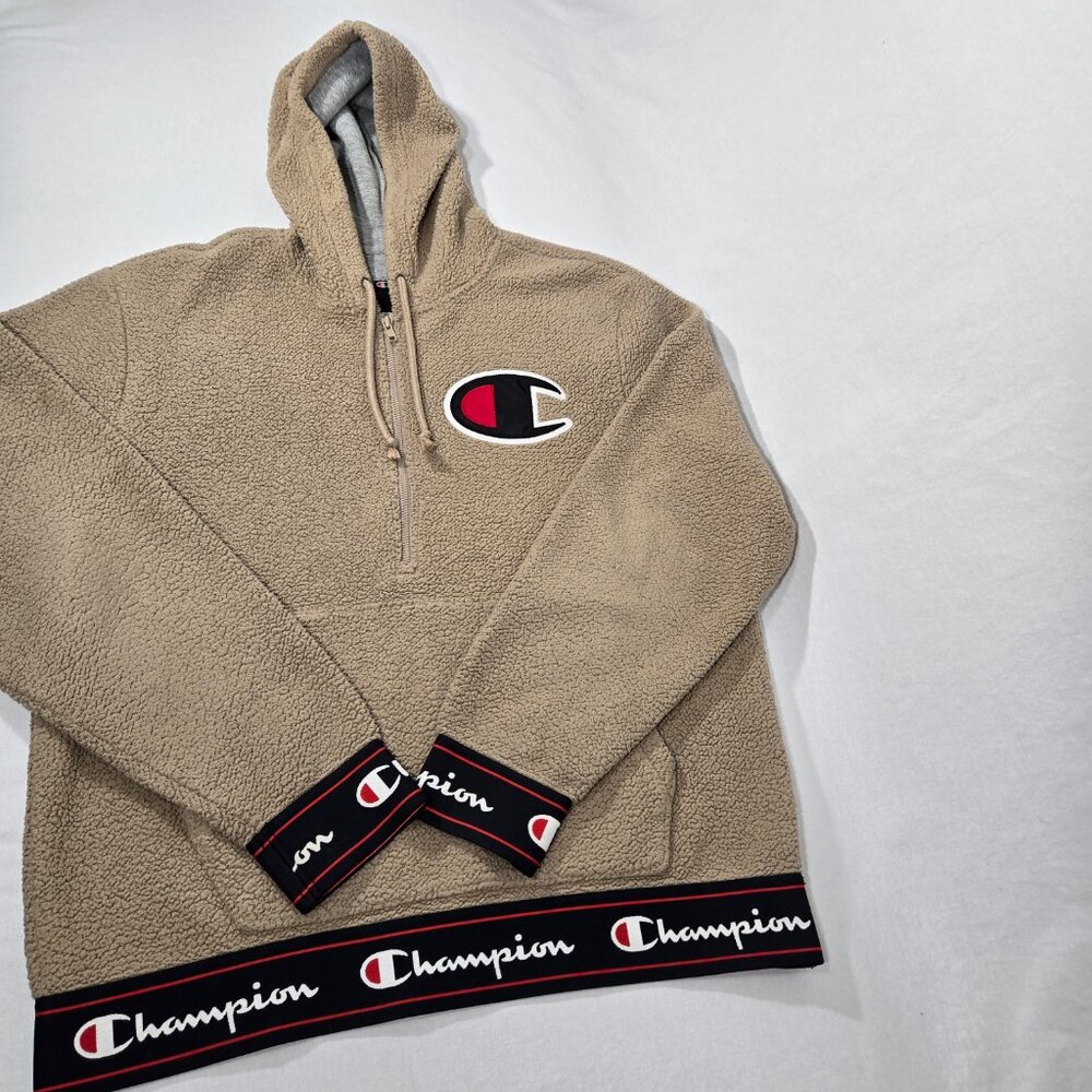Y2K CHAMPION Streetwear TAN Spell Out Teddy Half Zip Sherpa Hoodie Men's Size L. - Picture 4 of 17